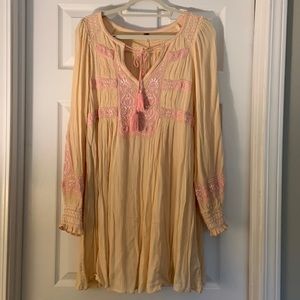 Free People Peach Long Sleeve Mini Dress with Pink Embroidery and Smocking - Med